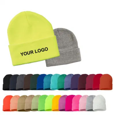 Chapéus de inverno quentes coloridos unissex clássicos em malha acrílica gorro com punho com logotipo personalizado